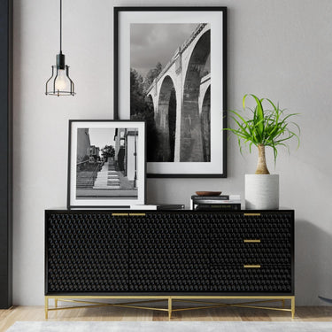 Black Pearl 64" TV Console - Black w/Gold Accent