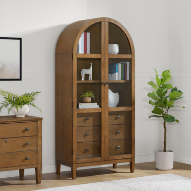 Portico Arched Top Glass Door Cabinet w/Drawers - Rich Brown